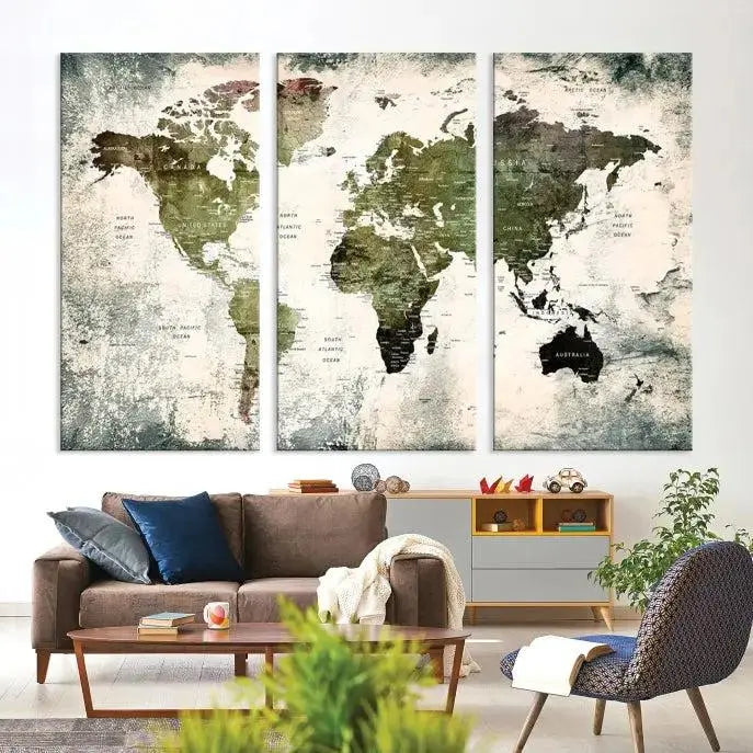 A three-panel World Map Canvas Print, exquisitely crafted on museum-quality material, is displayed above.