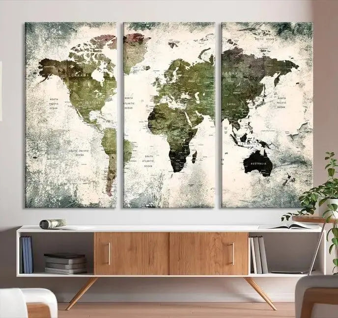 A three-panel World Map Canvas Print, exquisitely crafted on museum-quality material, is displayed above.