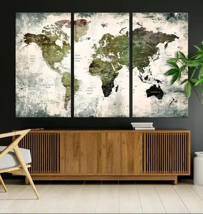 A three-panel World Map Canvas Print, exquisitely crafted on museum-quality material, is displayed above.