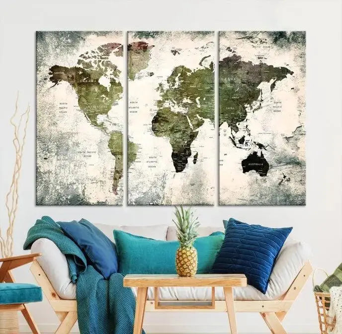 A three-panel World Map Canvas Print, exquisitely crafted on museum-quality material, is displayed above.