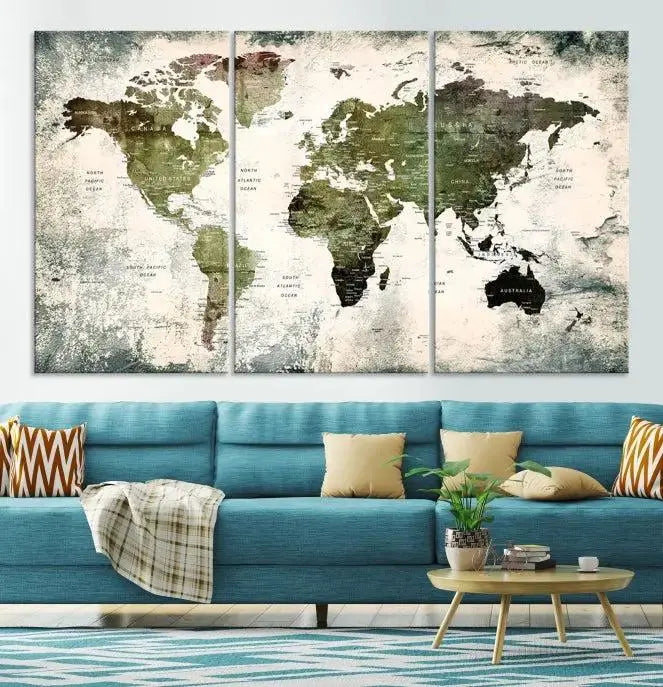 A three-panel World Map Canvas Print, exquisitely crafted on museum-quality material, is displayed above.