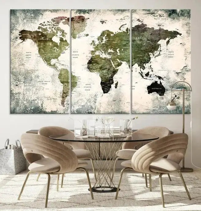 A three-panel World Map Canvas Print, exquisitely crafted on museum-quality material, is displayed above.