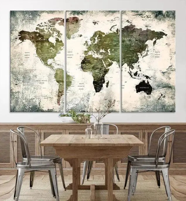 A three-panel World Map Canvas Print, exquisitely crafted on museum-quality material, is displayed above.