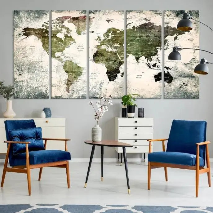 A three-panel World Map Canvas Print, exquisitely crafted on museum-quality material, is displayed above.