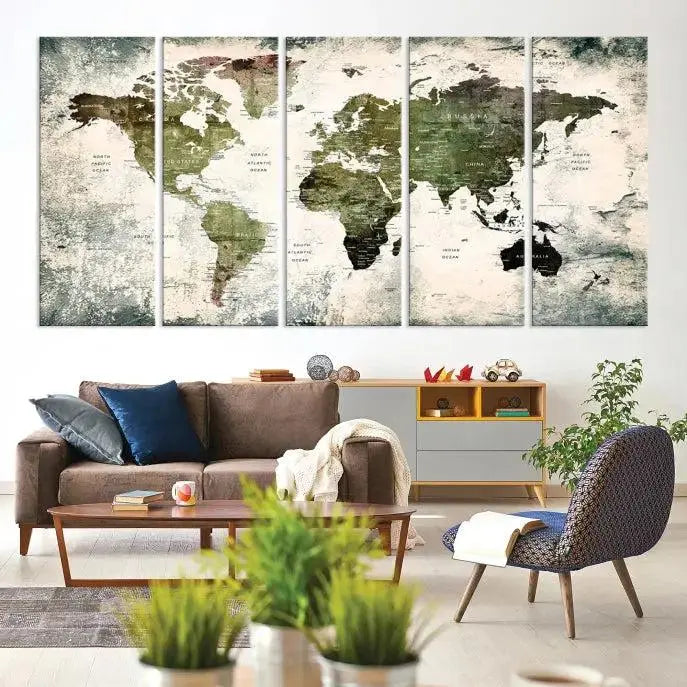 A three-panel World Map Canvas Print, exquisitely crafted on museum-quality material, is displayed above.