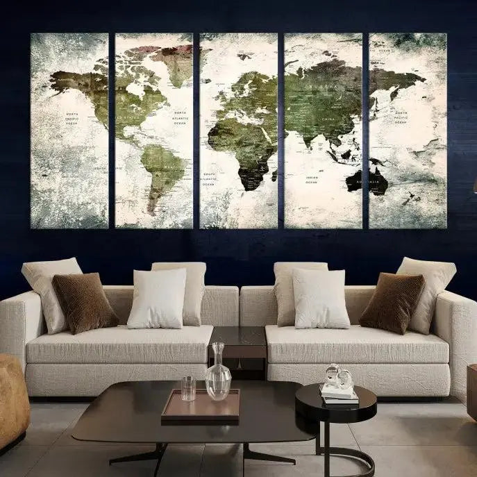 A three-panel World Map Canvas Print, exquisitely crafted on museum-quality material, is displayed above.