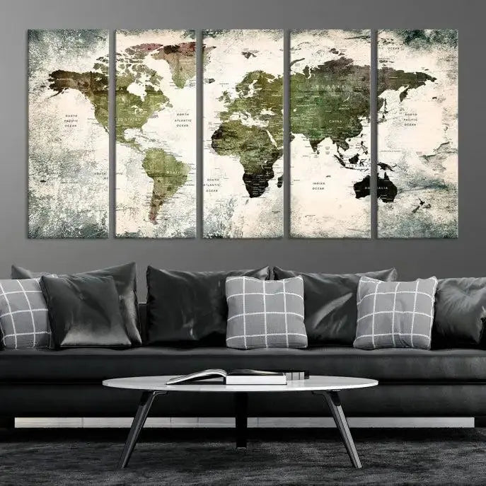 A three-panel World Map Canvas Print, exquisitely crafted on museum-quality material, is displayed above.