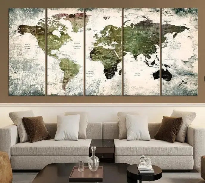 A three-panel World Map Canvas Print, exquisitely crafted on museum-quality material, is displayed above.