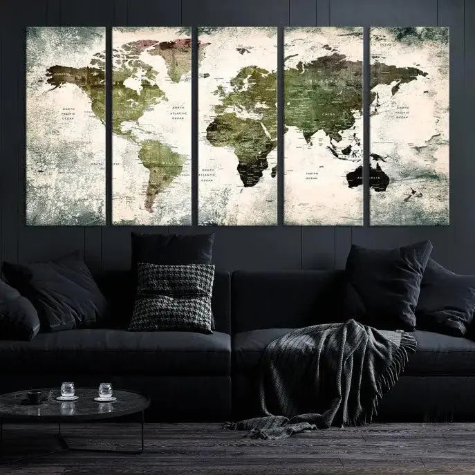 A three-panel World Map Canvas Print, exquisitely crafted on museum-quality material, is displayed above.