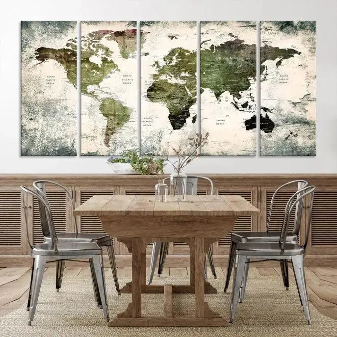 A three-panel World Map Canvas Print, exquisitely crafted on museum-quality material, is displayed above.