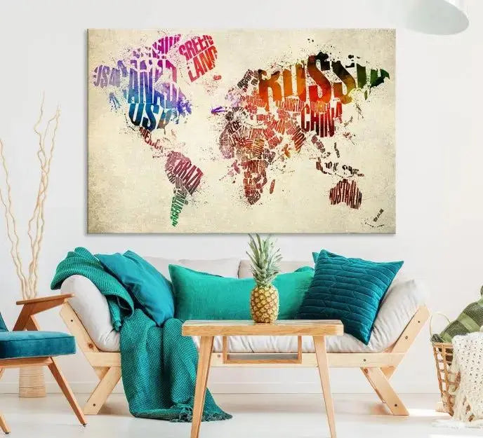 A contemporary living room is beautifully accented by a triptych of the World Map Canvas Print, displaying country names on museum-quality canvas. Elegantly presented on the wall, this captivating piece adds a touch of sophistication to your space and includes free shipping.