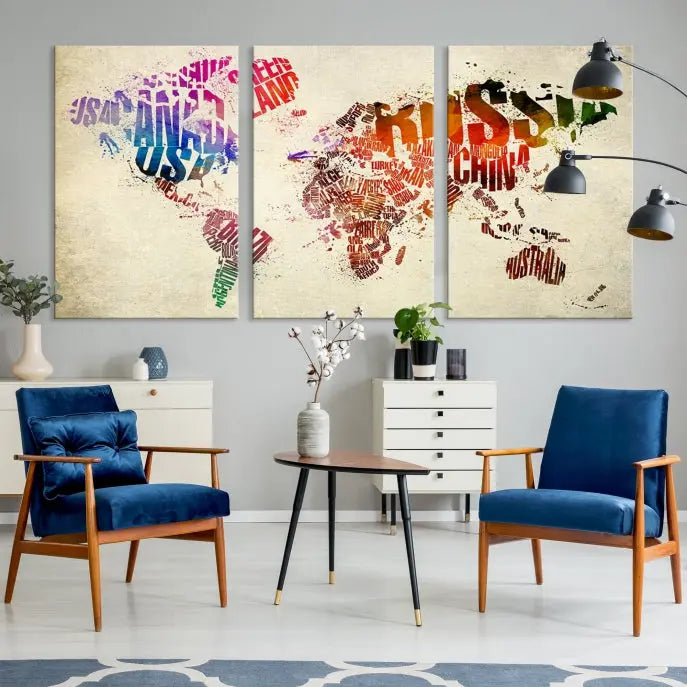 A contemporary living room is beautifully accented by a triptych of the World Map Canvas Print, displaying country names on museum-quality canvas. Elegantly presented on the wall, this captivating piece adds a touch of sophistication to your space and includes free shipping.