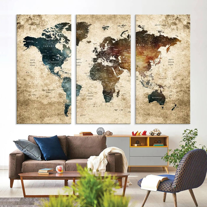 The World Map Canvas Print, elegantly displayed on the wall, is printed on museum-quality polycotton canvas with a UV-protective coating. It adds sophistication to the modern room.