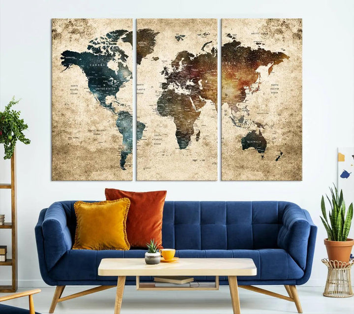 The World Map Canvas Print, elegantly displayed on the wall, is printed on museum-quality polycotton canvas with a UV-protective coating. It adds sophistication to the modern room.