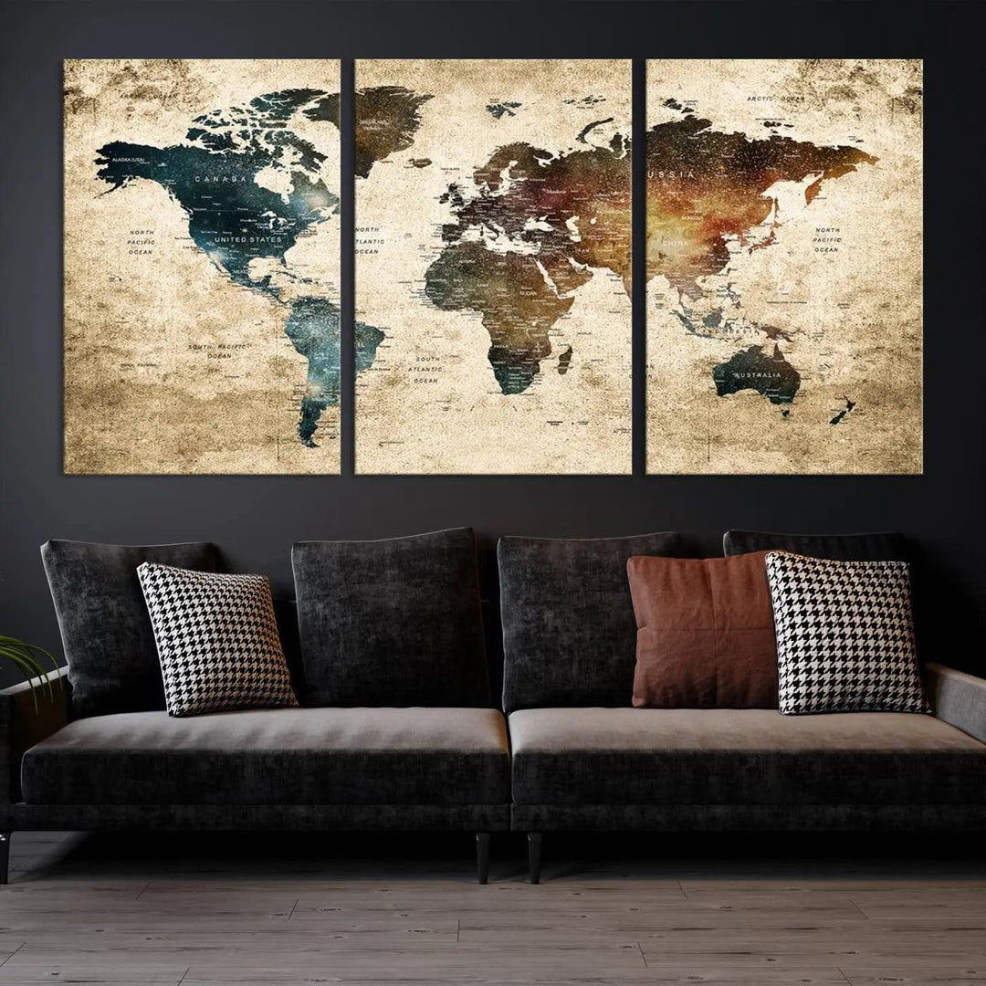 The World Map Canvas Print, elegantly displayed on the wall, is printed on museum-quality polycotton canvas with a UV-protective coating. It adds sophistication to the modern room.