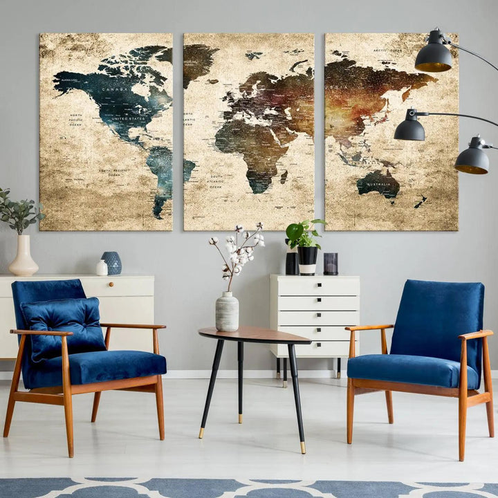 The World Map Canvas Print, elegantly displayed on the wall, is printed on museum-quality polycotton canvas with a UV-protective coating. It adds sophistication to the modern room.