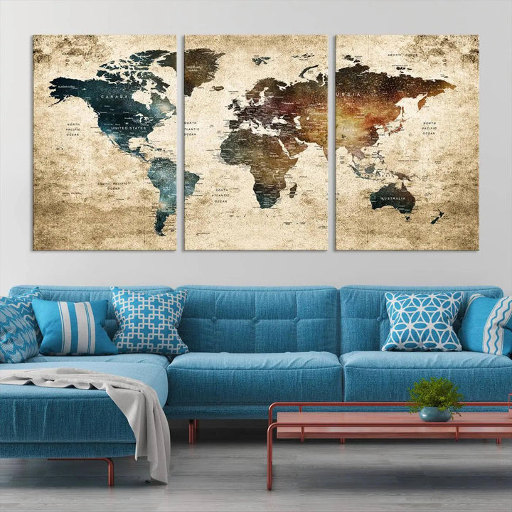 The World Map Canvas Print, elegantly displayed on the wall, is printed on museum-quality polycotton canvas with a UV-protective coating. It adds sophistication to the modern room.