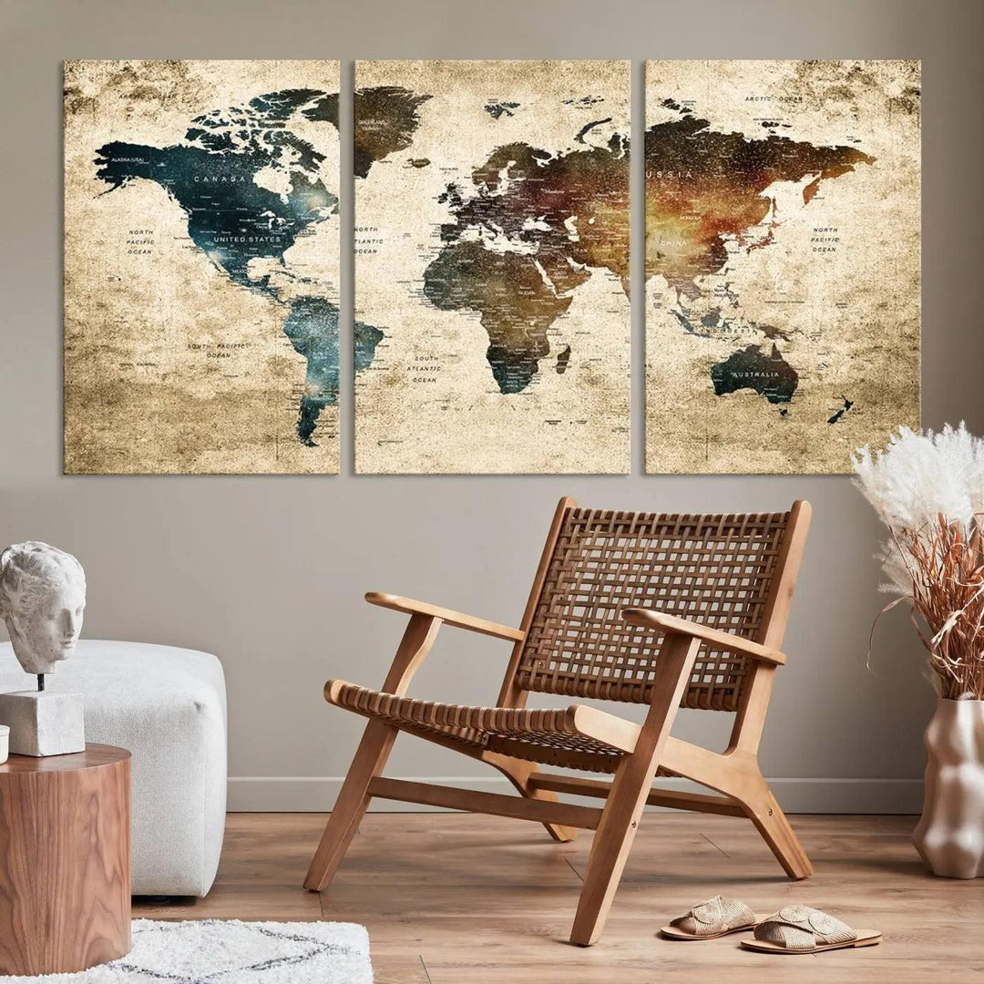 The World Map Canvas Print, elegantly displayed on the wall, is printed on museum-quality polycotton canvas with a UV-protective coating. It adds sophistication to the modern room.