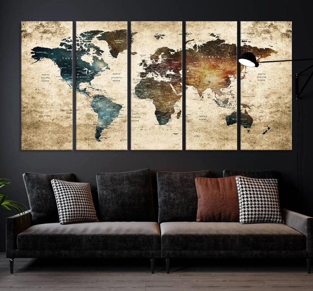 The World Map Canvas Print, elegantly displayed on the wall, is printed on museum-quality polycotton canvas with a UV-protective coating. It adds sophistication to the modern room.