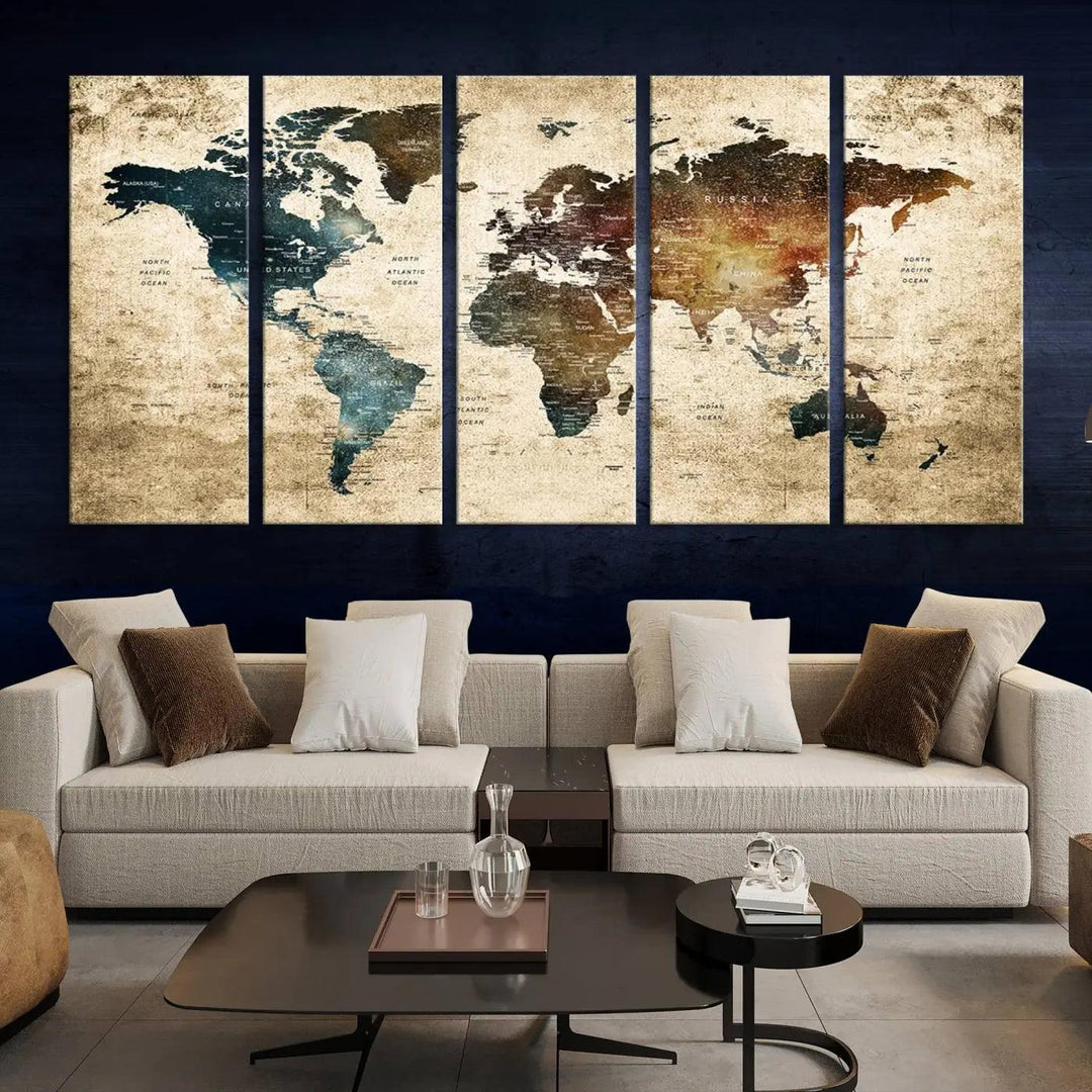 The World Map Canvas Print, elegantly displayed on the wall, is printed on museum-quality polycotton canvas with a UV-protective coating. It adds sophistication to the modern room.