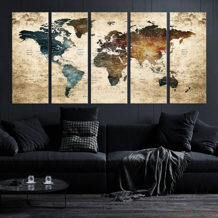 The World Map Canvas Print, elegantly displayed on the wall, is printed on museum-quality polycotton canvas with a UV-protective coating. It adds sophistication to the modern room.