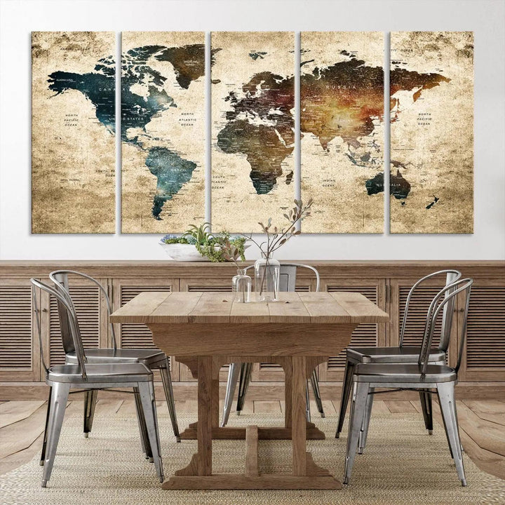 The World Map Canvas Print, elegantly displayed on the wall, is printed on museum-quality polycotton canvas with a UV-protective coating. It adds sophistication to the modern room.