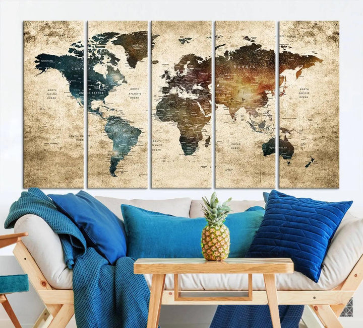 The World Map Canvas Print, elegantly displayed on the wall, is printed on museum-quality polycotton canvas with a UV-protective coating. It adds sophistication to the modern room.