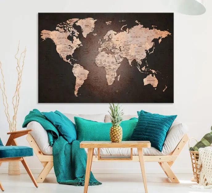 A World Map Canvas Print with a vintage design enhances the dark wall. This three-panel artwork is crafted on museum-quality canvases, gallery wrapped, and features a UV-protective coating for enduring brilliance.