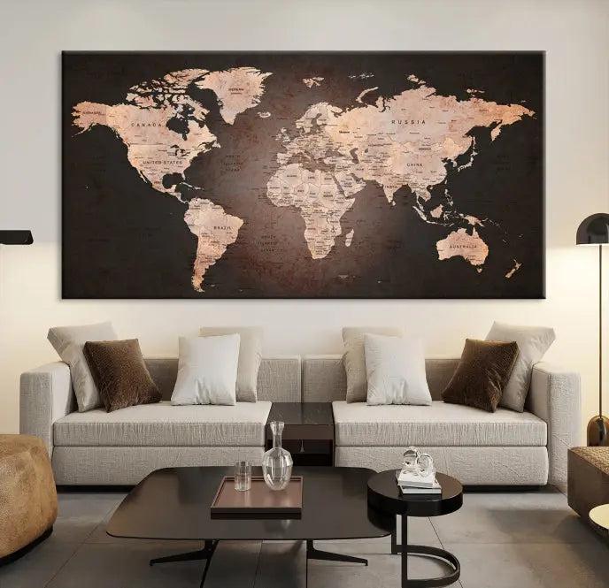 A World Map Canvas Print with a vintage design enhances the dark wall. This three-panel artwork is crafted on museum-quality canvases, gallery wrapped, and features a UV-protective coating for enduring brilliance.