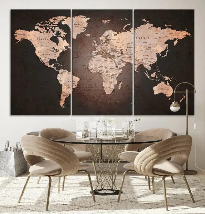 A World Map Canvas Print with a vintage design enhances the dark wall. This three-panel artwork is crafted on museum-quality canvases, gallery wrapped, and features a UV-protective coating for enduring brilliance.