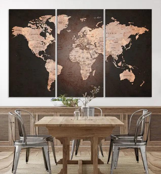 A World Map Canvas Print with a vintage design enhances the dark wall. This three-panel artwork is crafted on museum-quality canvases, gallery wrapped, and features a UV-protective coating for enduring brilliance.