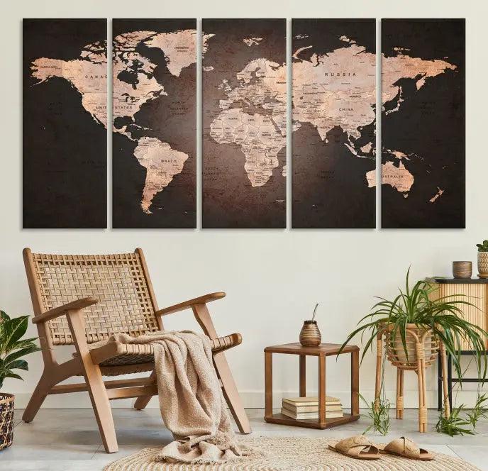 A World Map Canvas Print with a vintage design enhances the dark wall. This three-panel artwork is crafted on museum-quality canvases, gallery wrapped, and features a UV-protective coating for enduring brilliance.