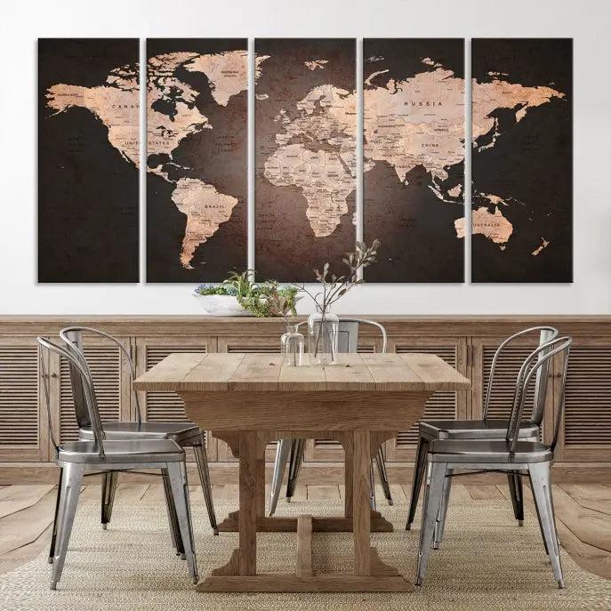 A World Map Canvas Print with a vintage design enhances the dark wall. This three-panel artwork is crafted on museum-quality canvases, gallery wrapped, and features a UV-protective coating for enduring brilliance.