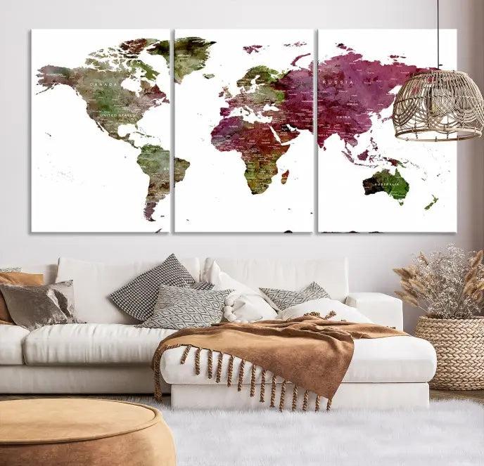 The stylish living room showcases a World Map Canvas Print, a three-panel art piece. Each canvas is gallery wrapped and finished with a UV-protective coating to maintain its vibrant appeal.