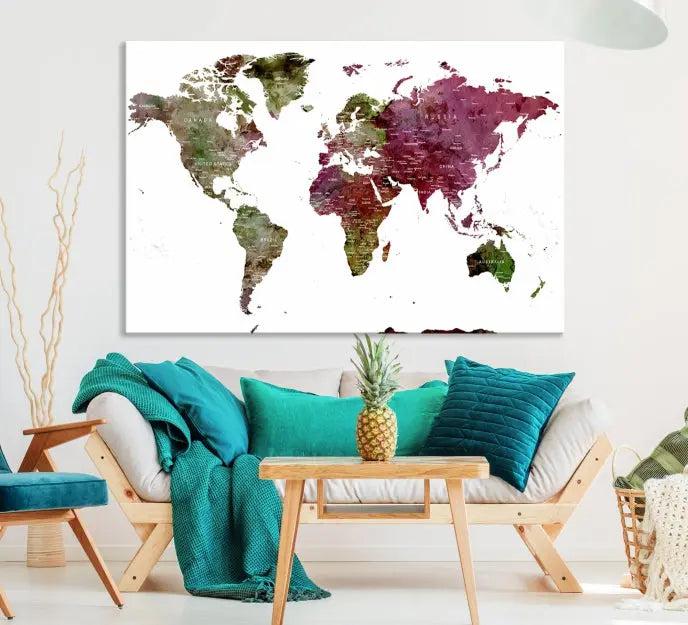 The stylish living room showcases a World Map Canvas Print, a three-panel art piece. Each canvas is gallery wrapped and finished with a UV-protective coating to maintain its vibrant appeal.