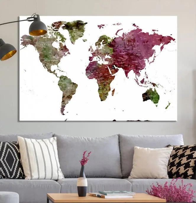 The stylish living room showcases a World Map Canvas Print, a three-panel art piece. Each canvas is gallery wrapped and finished with a UV-protective coating to maintain its vibrant appeal.