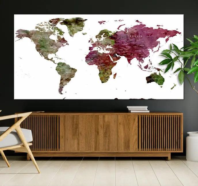 The stylish living room showcases a World Map Canvas Print, a three-panel art piece. Each canvas is gallery wrapped and finished with a UV-protective coating to maintain its vibrant appeal.