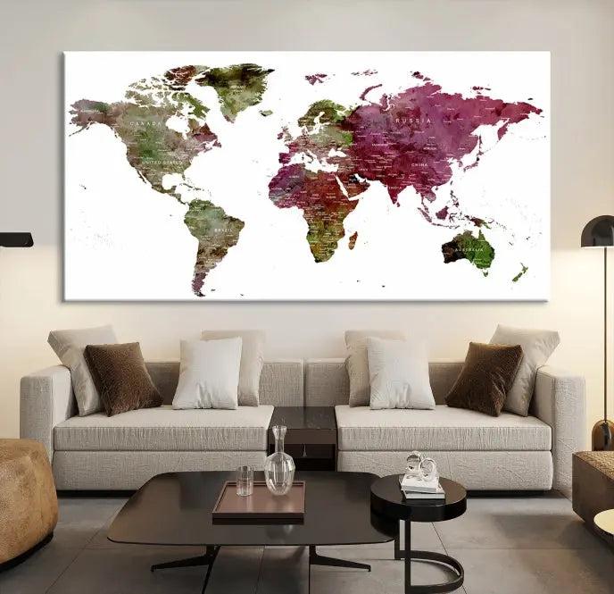 The stylish living room showcases a World Map Canvas Print, a three-panel art piece. Each canvas is gallery wrapped and finished with a UV-protective coating to maintain its vibrant appeal.