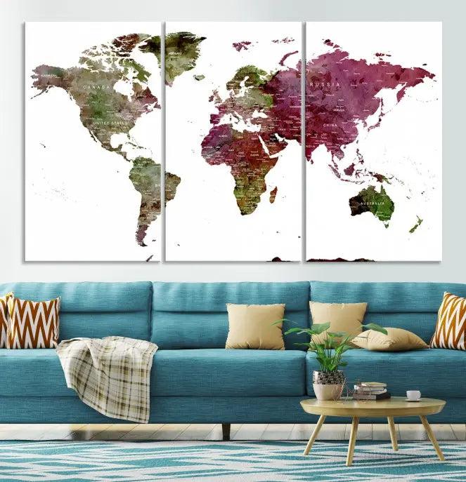 The stylish living room showcases a World Map Canvas Print, a three-panel art piece. Each canvas is gallery wrapped and finished with a UV-protective coating to maintain its vibrant appeal.