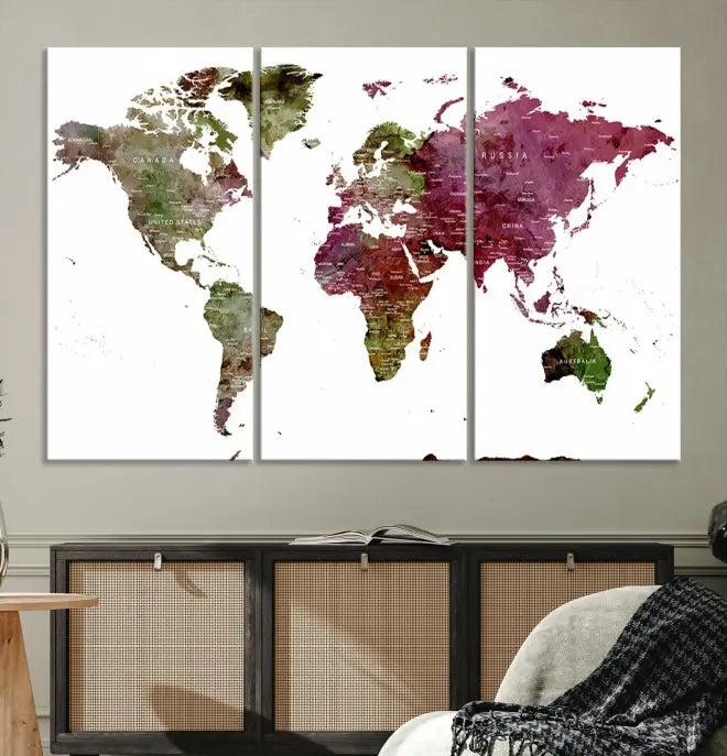 The stylish living room showcases a World Map Canvas Print, a three-panel art piece. Each canvas is gallery wrapped and finished with a UV-protective coating to maintain its vibrant appeal.