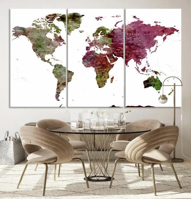 The stylish living room showcases a World Map Canvas Print, a three-panel art piece. Each canvas is gallery wrapped and finished with a UV-protective coating to maintain its vibrant appeal.