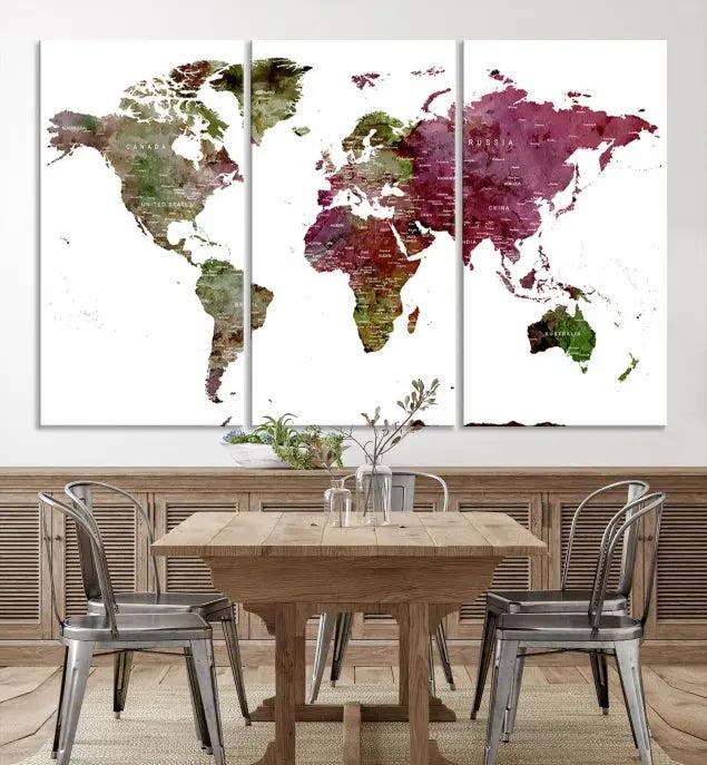 The stylish living room showcases a World Map Canvas Print, a three-panel art piece. Each canvas is gallery wrapped and finished with a UV-protective coating to maintain its vibrant appeal.