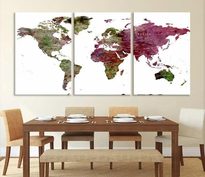 The stylish living room showcases a World Map Canvas Print, a three-panel art piece. Each canvas is gallery wrapped and finished with a UV-protective coating to maintain its vibrant appeal.