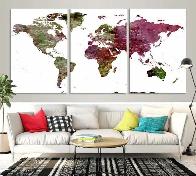 The stylish living room showcases a World Map Canvas Print, a three-panel art piece. Each canvas is gallery wrapped and finished with a UV-protective coating to maintain its vibrant appeal.