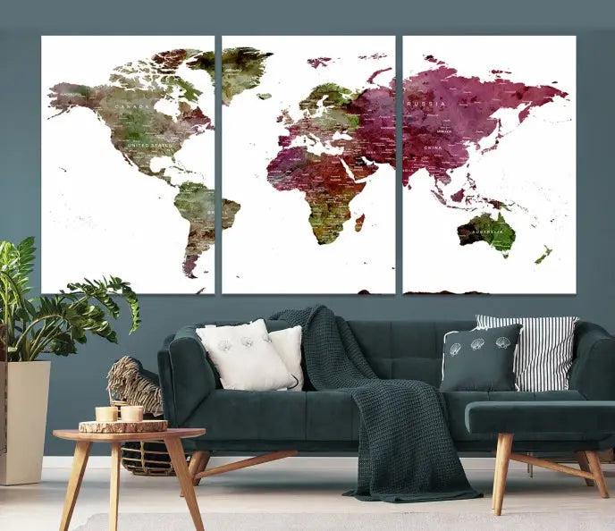 The stylish living room showcases a World Map Canvas Print, a three-panel art piece. Each canvas is gallery wrapped and finished with a UV-protective coating to maintain its vibrant appeal.