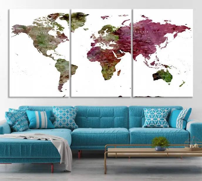 The stylish living room showcases a World Map Canvas Print, a three-panel art piece. Each canvas is gallery wrapped and finished with a UV-protective coating to maintain its vibrant appeal.