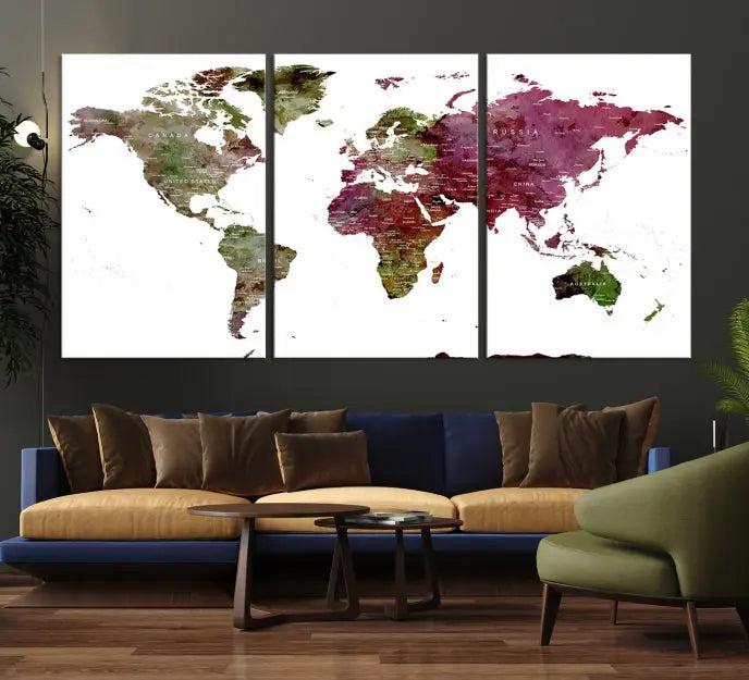 The stylish living room showcases a World Map Canvas Print, a three-panel art piece. Each canvas is gallery wrapped and finished with a UV-protective coating to maintain its vibrant appeal.