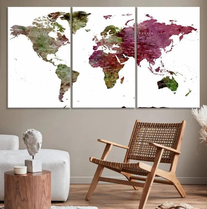 The stylish living room showcases a World Map Canvas Print, a three-panel art piece. Each canvas is gallery wrapped and finished with a UV-protective coating to maintain its vibrant appeal.