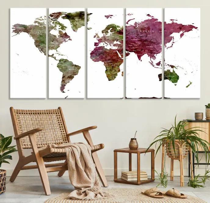 The stylish living room showcases a World Map Canvas Print, a three-panel art piece. Each canvas is gallery wrapped and finished with a UV-protective coating to maintain its vibrant appeal.