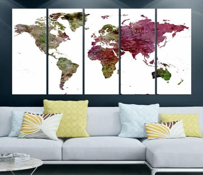 The stylish living room showcases a World Map Canvas Print, a three-panel art piece. Each canvas is gallery wrapped and finished with a UV-protective coating to maintain its vibrant appeal.